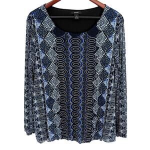 Alfani Sz XL Blue Black Long Sleeve Sparkly Artsy Business Blouse Shirt Top